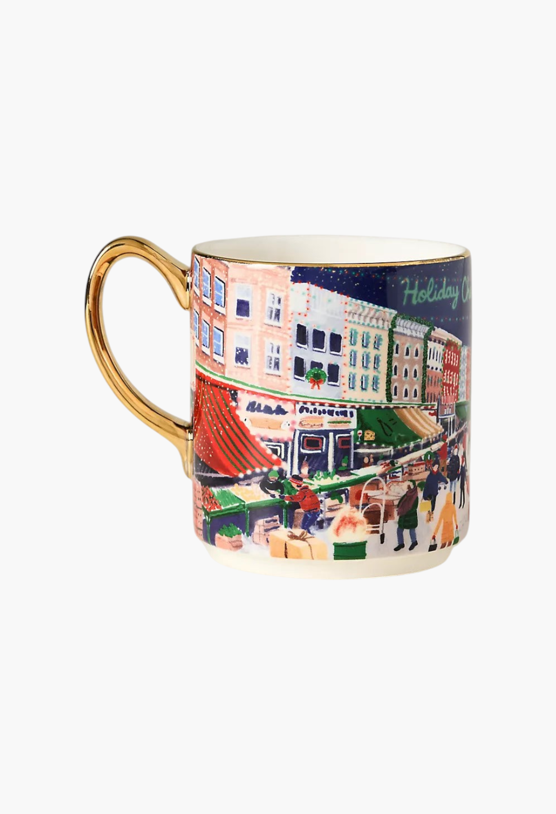 GLAM MODA Holiday in the City stoneware mug featuring a festive street scene with hand-painted gold handle and rim.