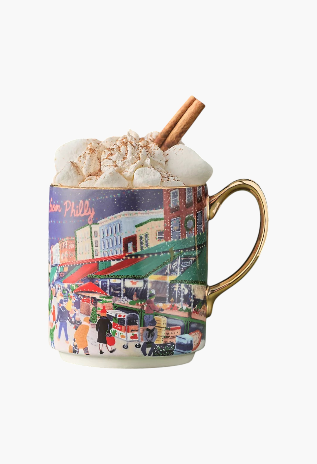 GLAM MODA Holiday in the City stoneware mug featuring a festive street scene with gold handle and marshmallow topping