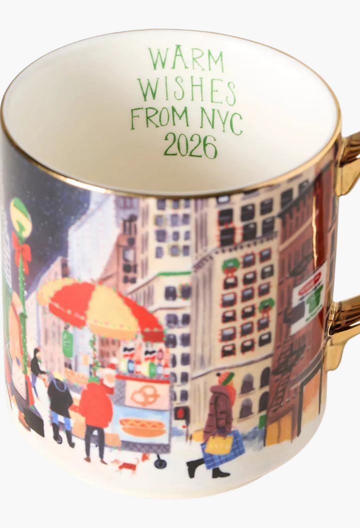 GLAM MODA Holiday in the City stoneware mug featuring a festive NYC street scene and gold handle with interior text