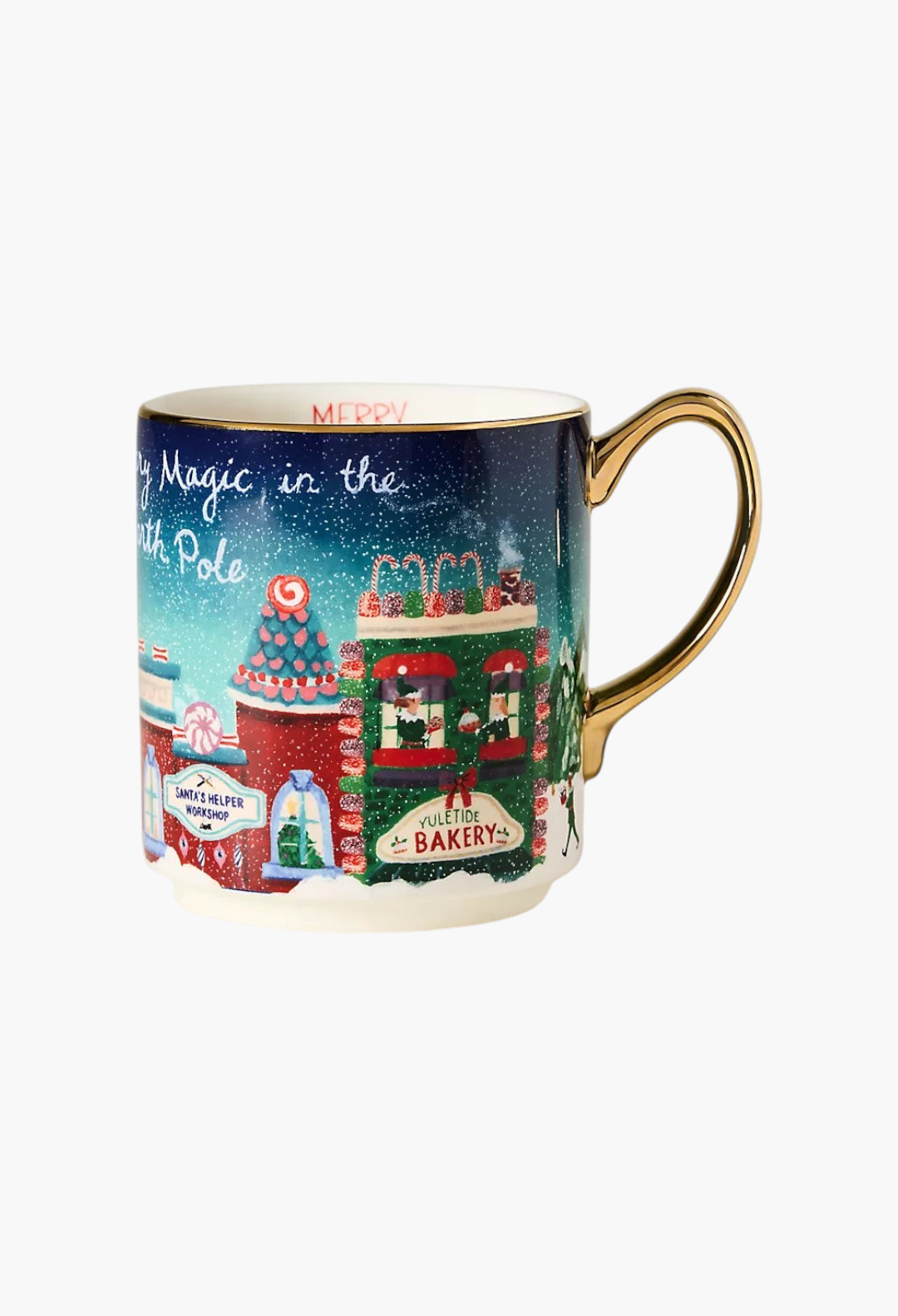 GLAM MODA Holiday in the City stoneware mug featuring a festive snowy streetscape with hand-painted gold accents.