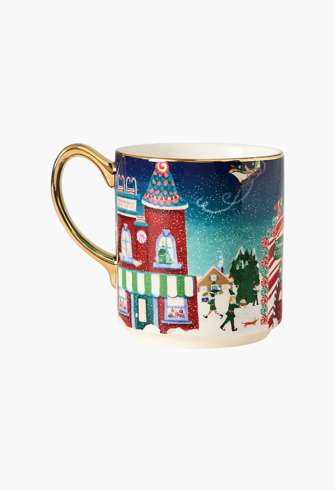 GLAM MODA Holiday in the City stoneware mug featuring a festive snowy streetscape, gold handle, and painted accents.