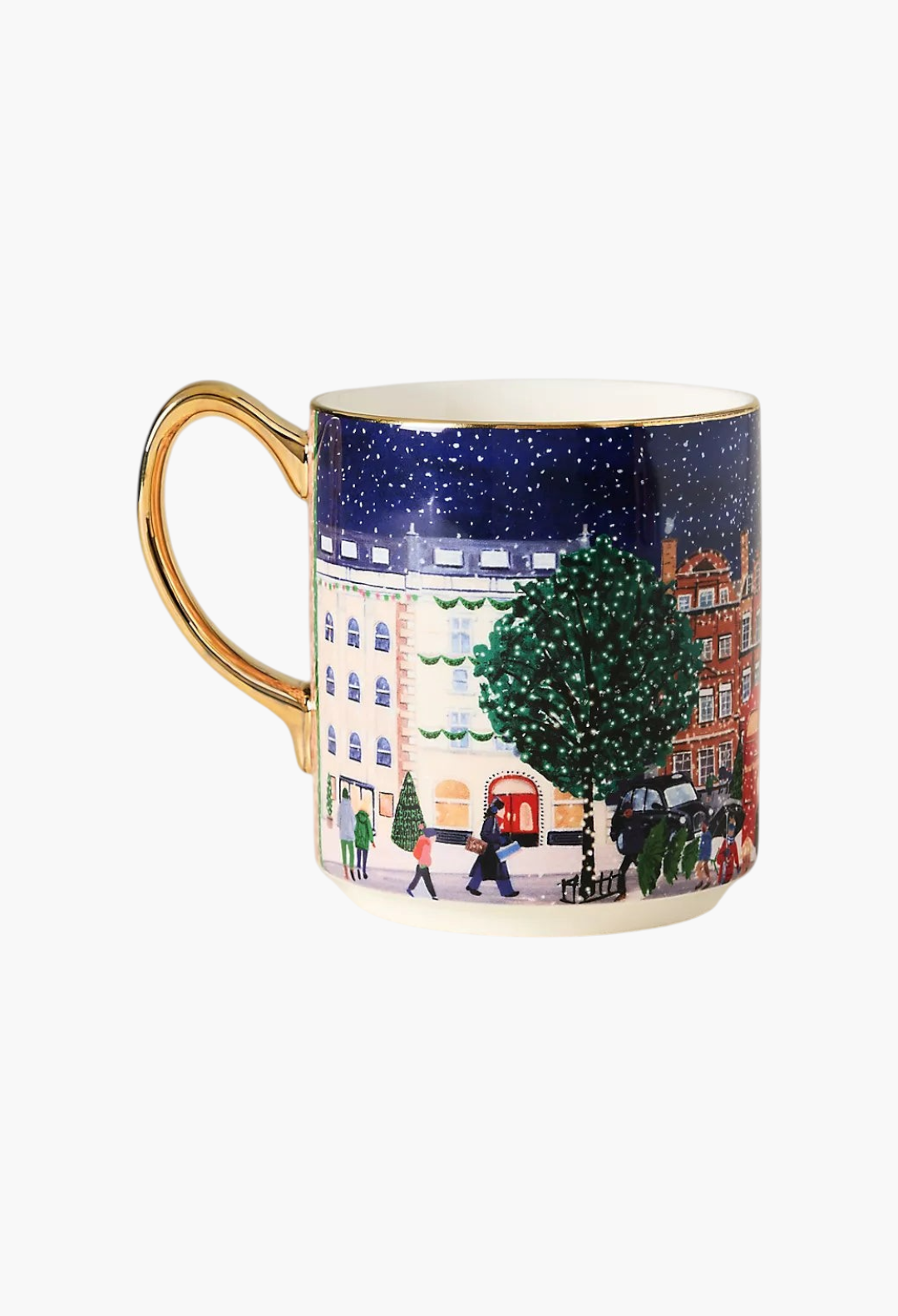 GLAM MODA Holiday in the City stoneware mug featuring a festive snowy street scene and a metallic gold handle.