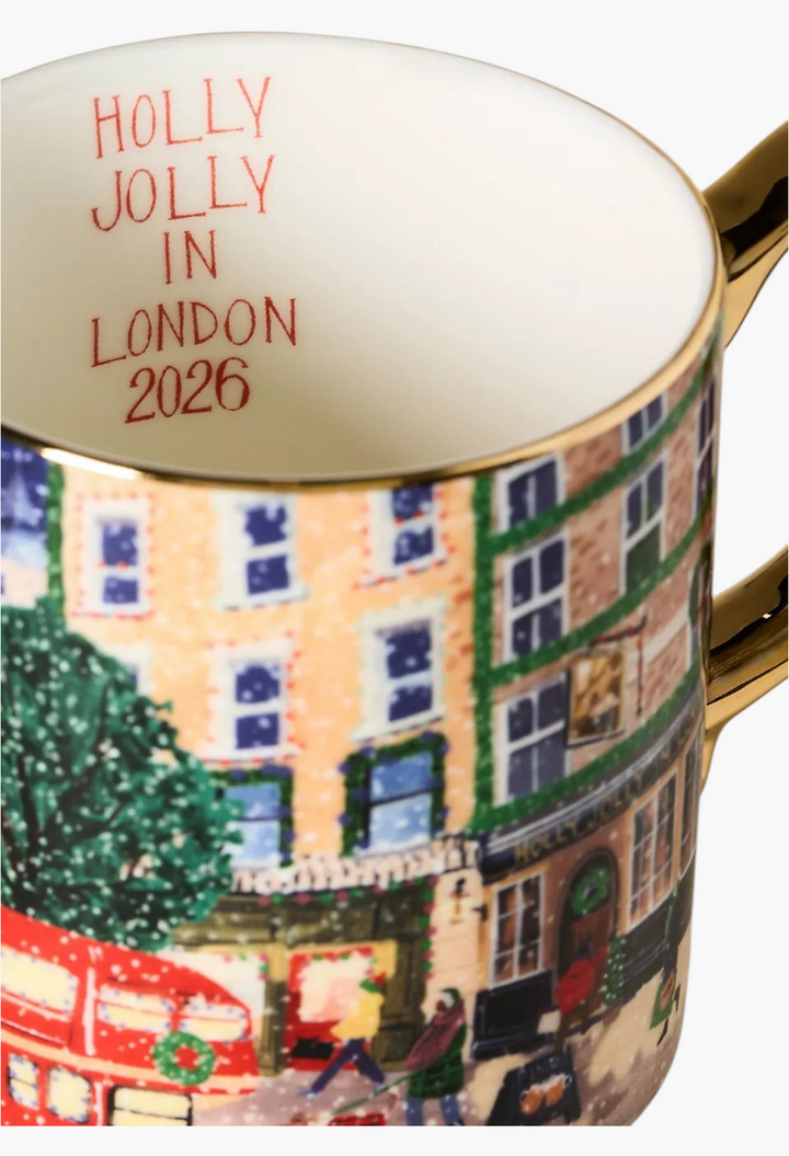 GLAM MODA Holiday in the City stoneware mug featuring a London street scene and gold-painted rim and handle