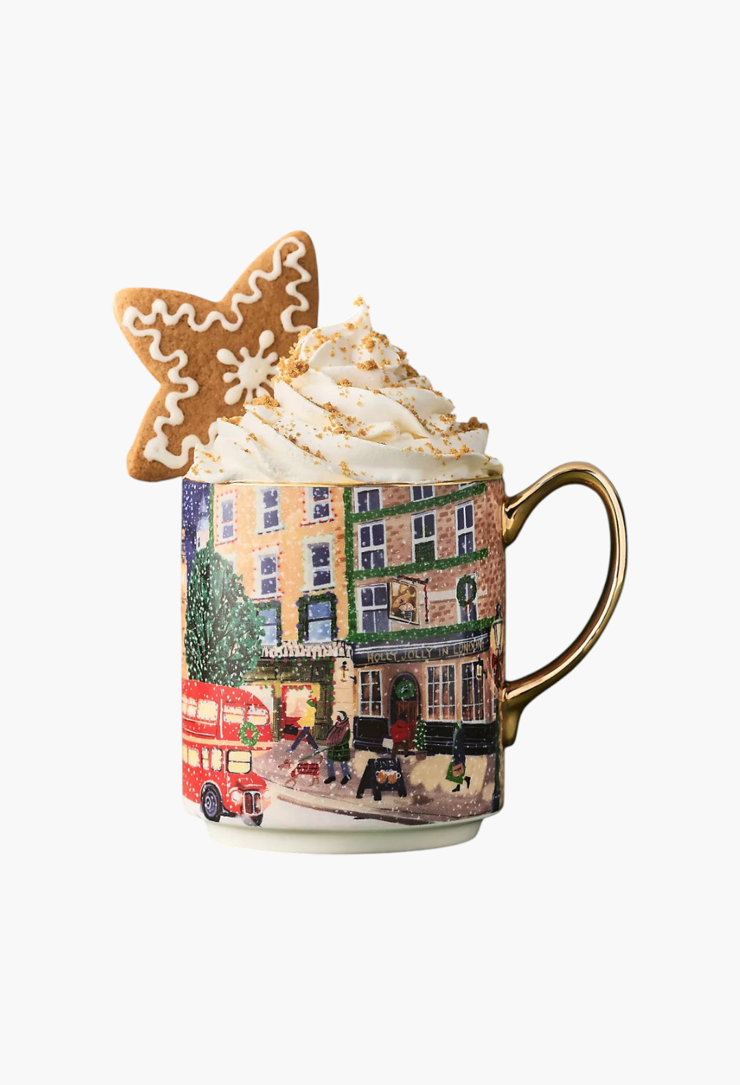 GLAM MODA Holiday in the City stoneware mug featuring a festive London street scene with gold handle and whipped cream