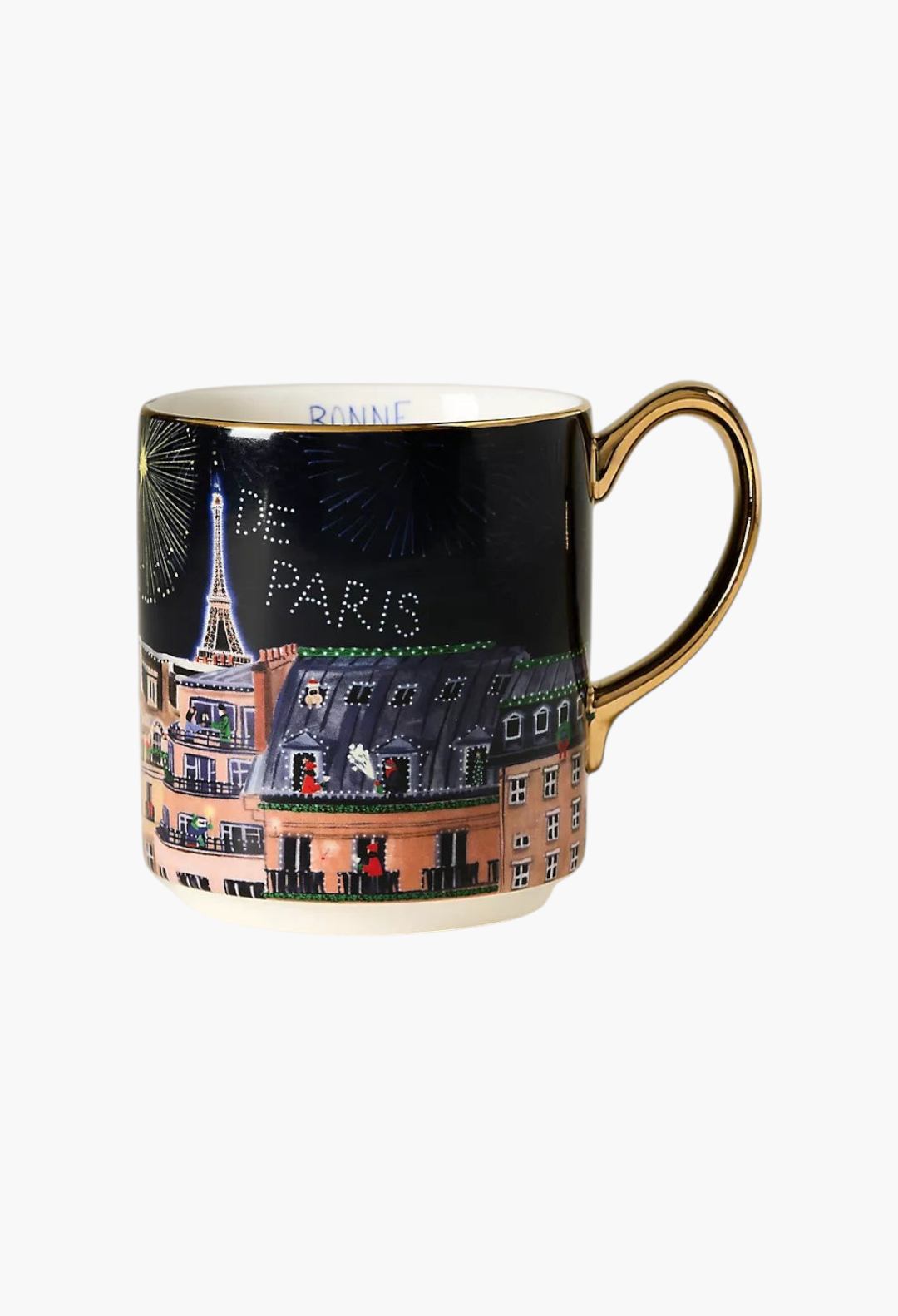GLAM MODA Holiday in the City stoneware mug featuring a Parisian streetscape with gold handle and hand-painted details