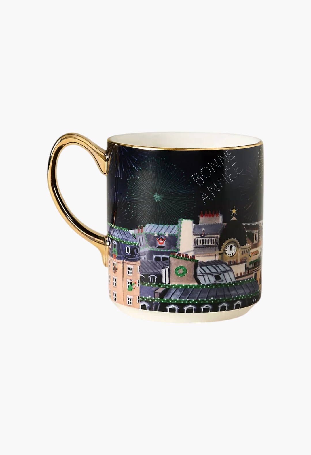 GLAM MODA Holiday in the City stoneware mug featuring a festive Parisian streetscape, fireworks, and gold handle.