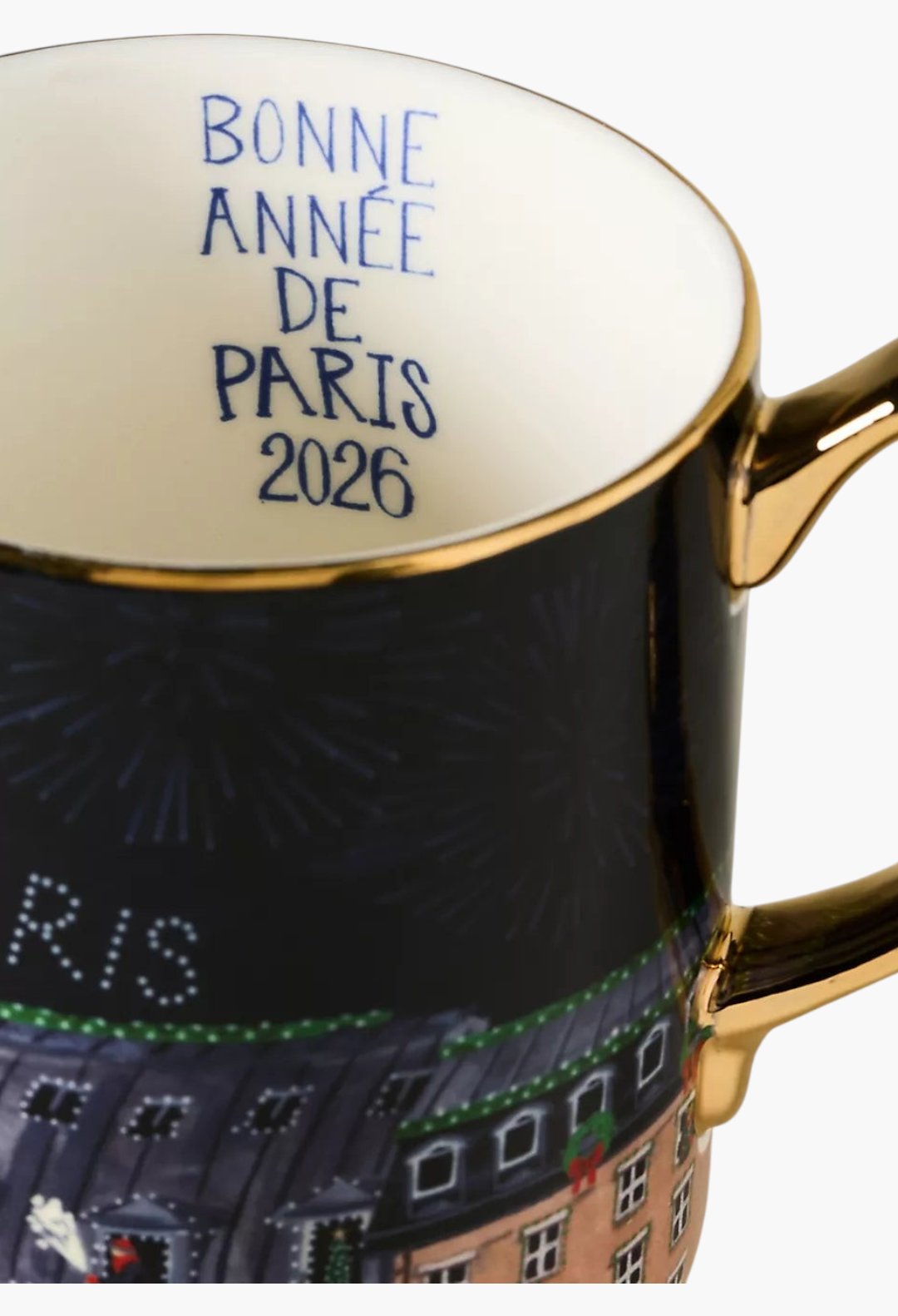 GLAM MODA Holiday in the City stoneware mug featuring a black exterior, gold handle, and Bonne Annee de Paris 2026 text
