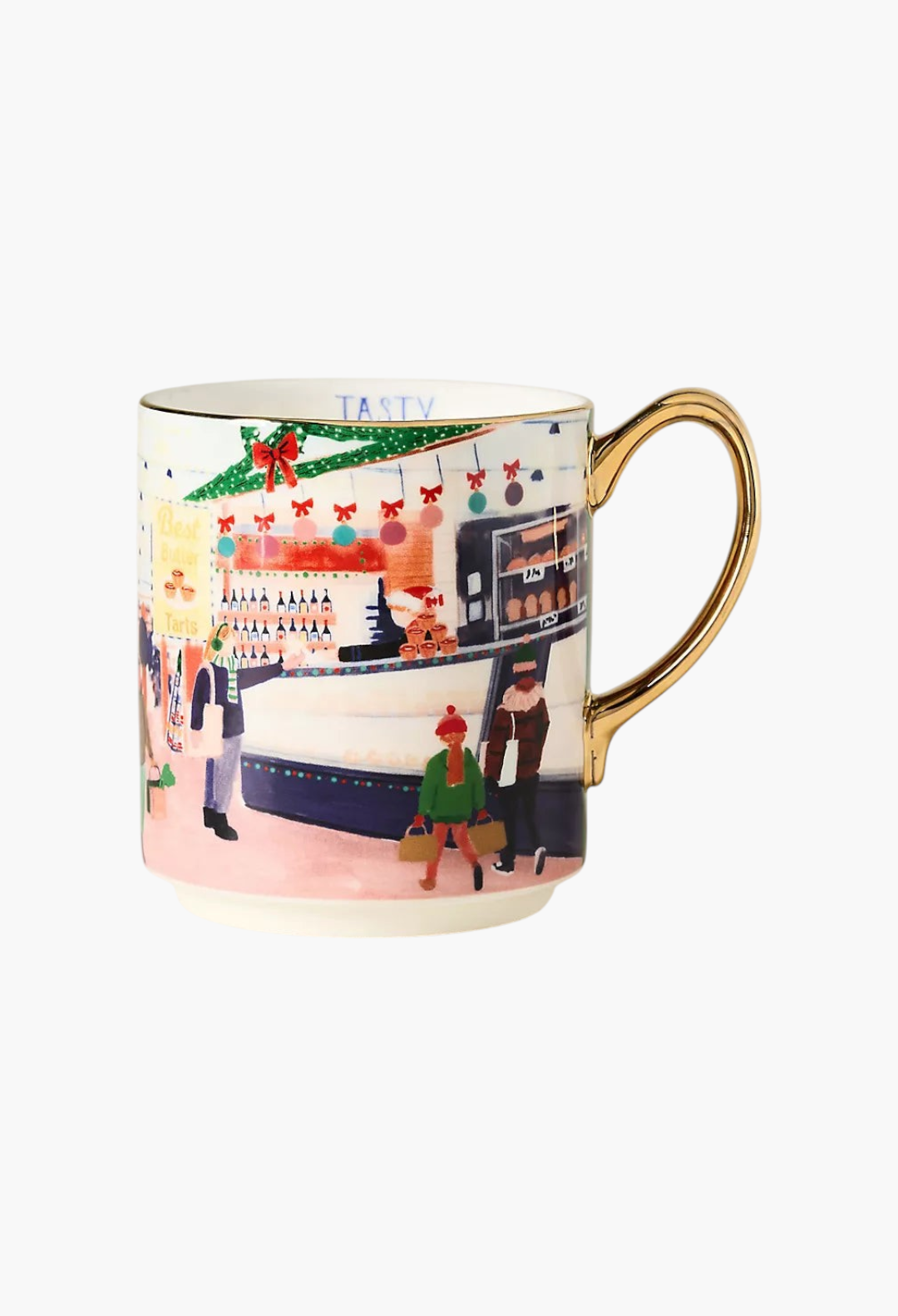 GLAM MODA Holiday in the City stoneware mug featuring a festive streetscape illustration and gold-painted handle.