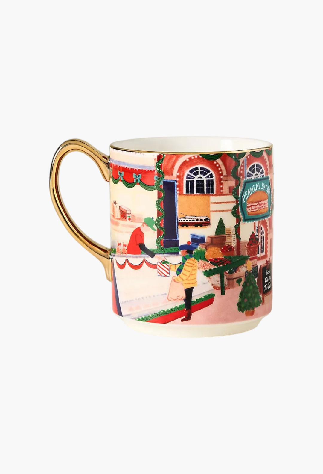 GLAM MODA Holiday in the City stoneware mug featuring a festive street market scene and a shiny gold handle.