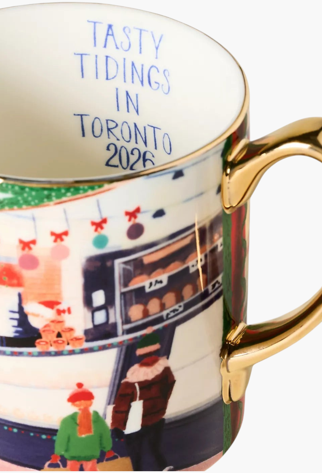GLAM MODA Holiday in the City stoneware mug featuring a festive Toronto streetscape illustration and gold handle.