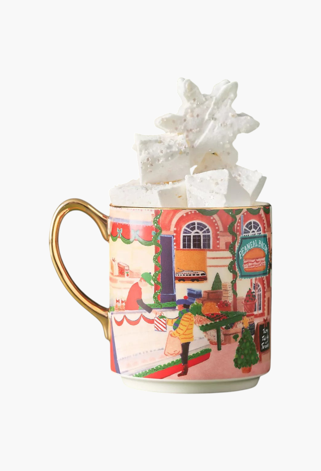 GLAM MODA Holiday in the City stoneware mug featuring a festive streetscape illustration and gold-painted handle.
