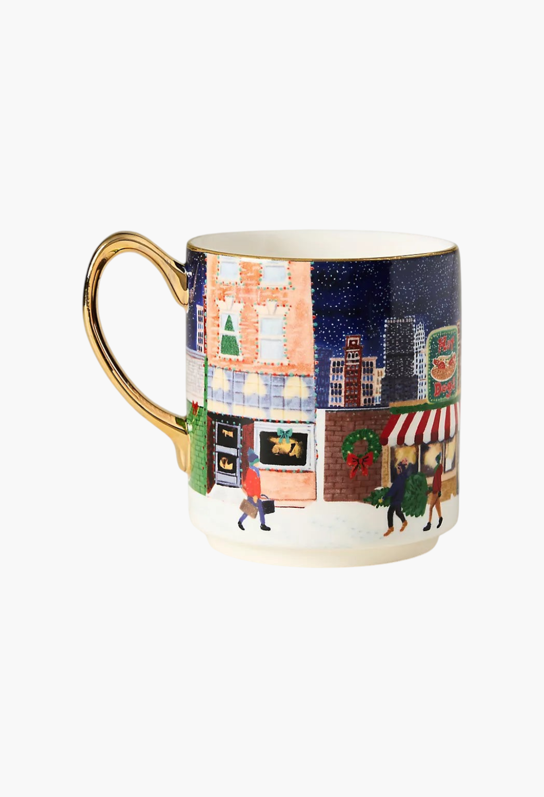 GLAM MODA Holiday in the City stoneware mug featuring a festive snowy streetscape and a metallic gold handle.