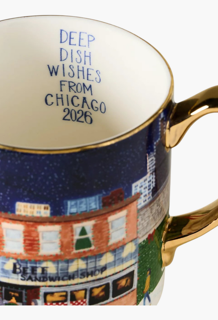 GLAM MODA Holiday in the City stoneware mug featuring a Chicago streetscape illustration and gold handle detail