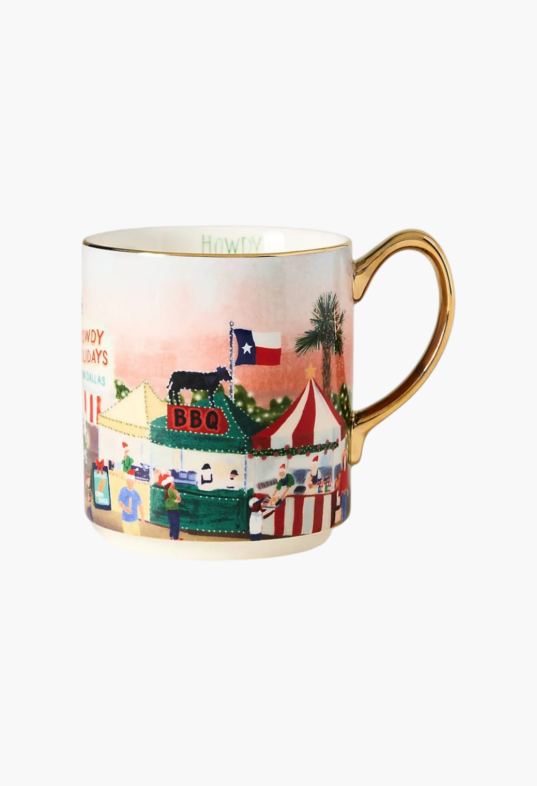 GLAM MODA stoneware mug featuring a festive Dallas holiday streetscape illustration with hand-painted gold accents.
