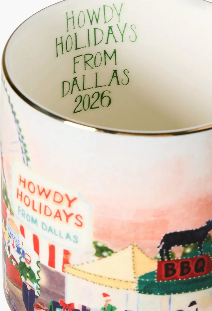 GLAM MODA Holiday in the City stoneware mug featuring a Dallas streetscape illustration and gold rim detail.
