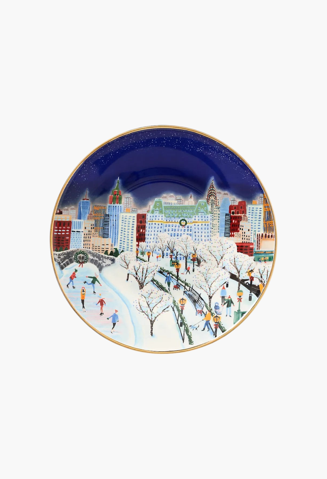 GLAM MODA Holiday in the City stoneware dessert plate featuring a snowy New York park scene with gold rim accents.