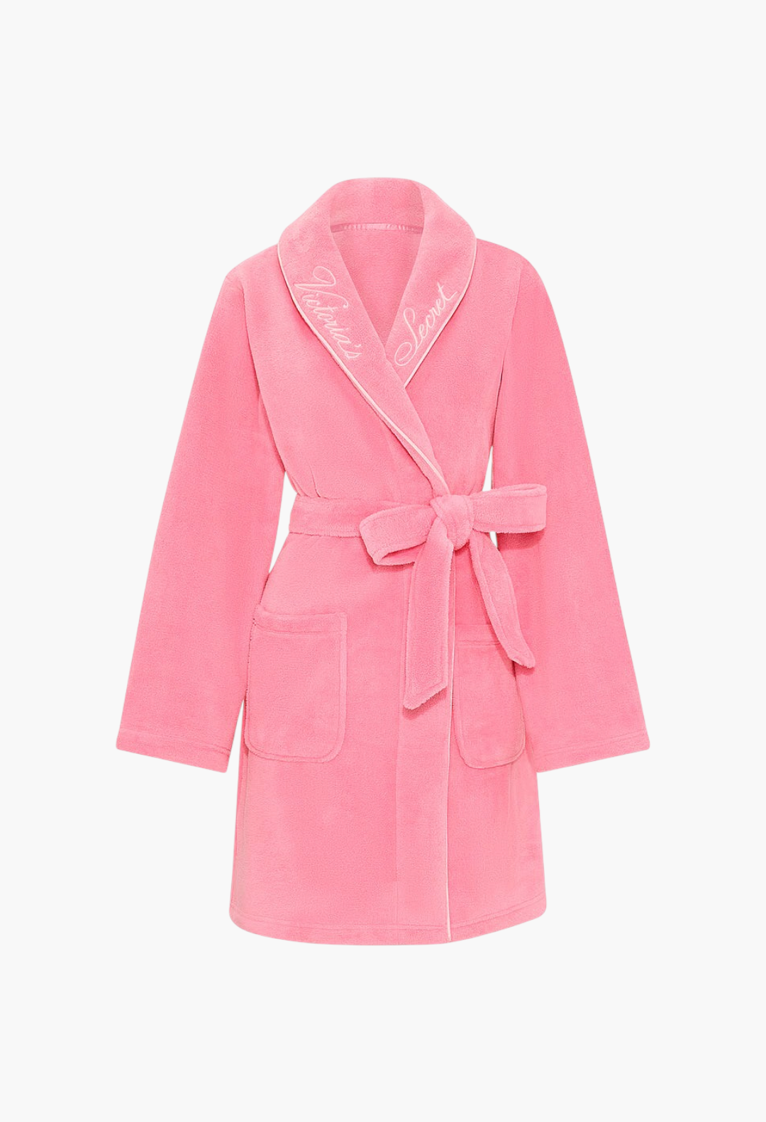 GLAM MODA pink plush robe with shawl collar, tie waist, and Victoria's Secret logo embroidery on the neckline.