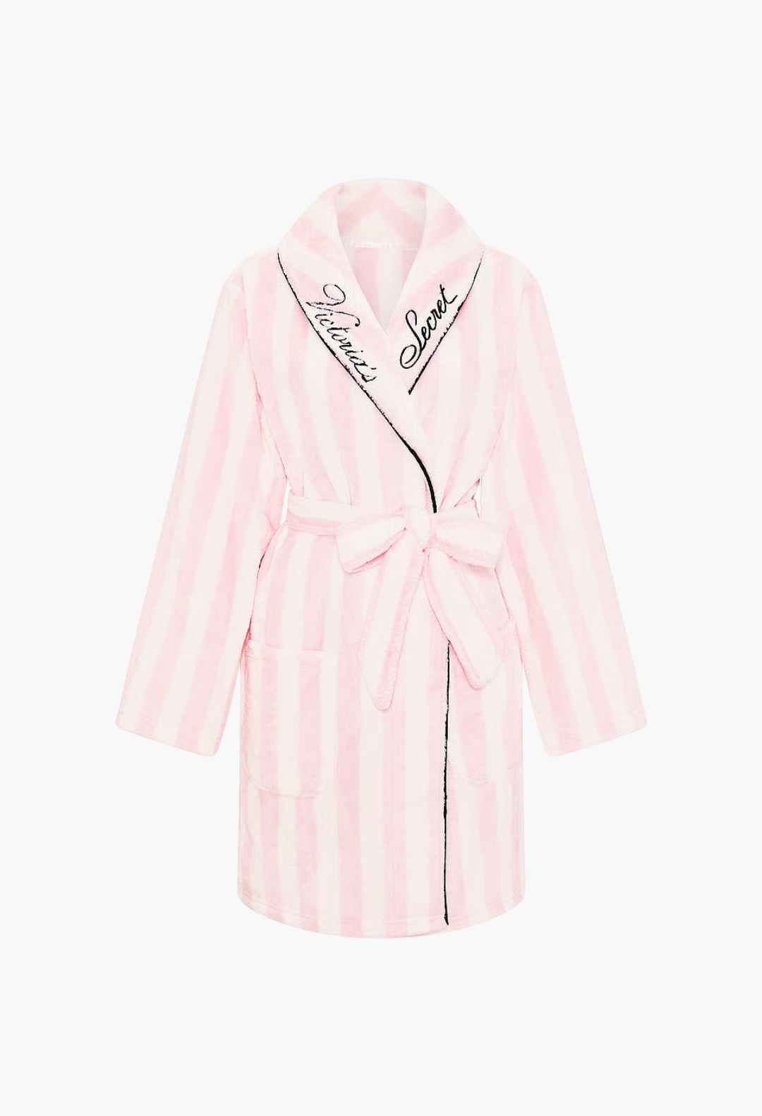 GLAM MODA Victoria's Secret pink and white striped plush robe with shawl collar and black logo embroidery