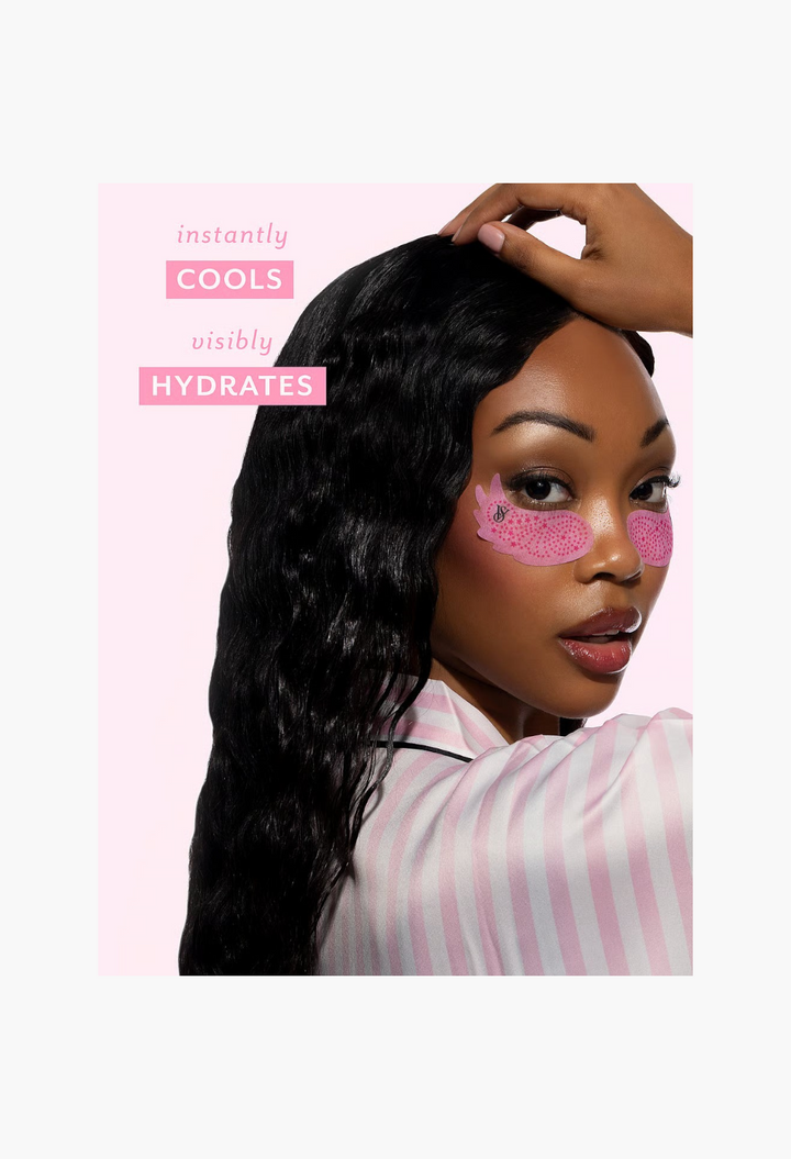 GLAM MODA model wearing pink wing-shaped Victoria's Secret x Patchology hydrating undereye patches with stripe design.