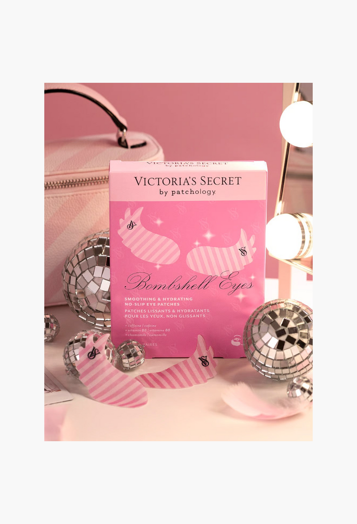 GLAM MODA Victoria's Secret x Patchology pink striped no-slip eye patches in packaging with disco ball accents