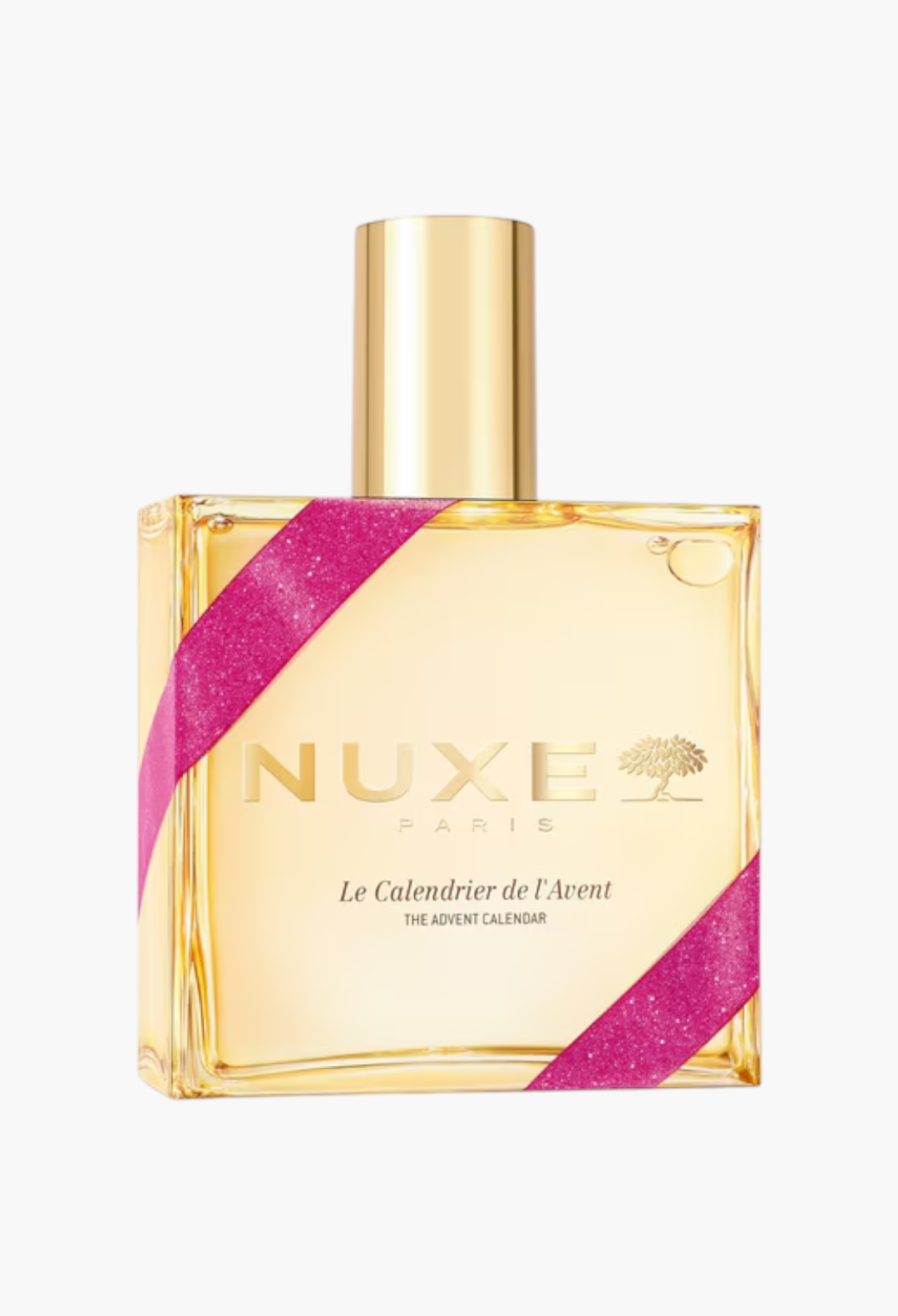 GLAM MODA Nuxe Advent Calendar featuring a festive gold bottle design with a decorative pink glitter ribbon