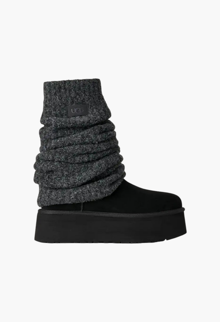 GLAM MODA Women's Classic Mini Dipper boot featuring a black suede base, platform sole, and removable grey knit legwarmer