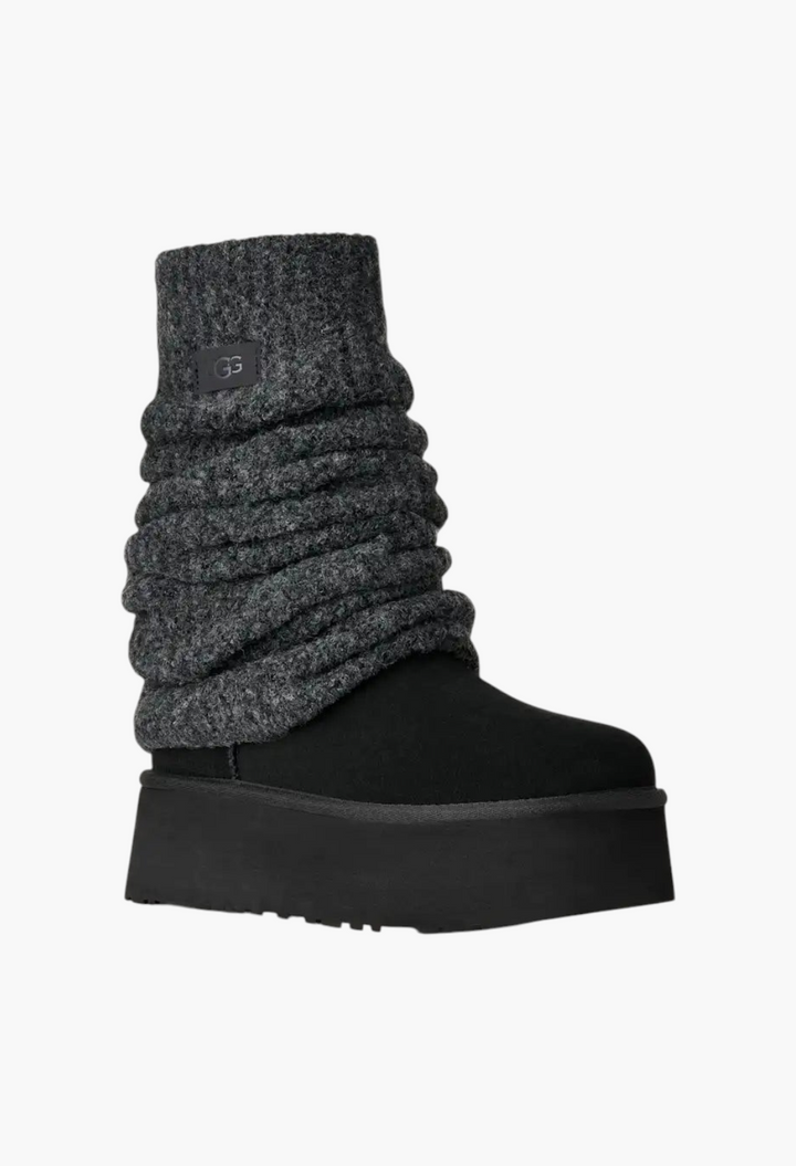 GLAM MODA Classic Mini Dipper boot featuring a black suede platform base and a removable charcoal grey knit legwarmer.