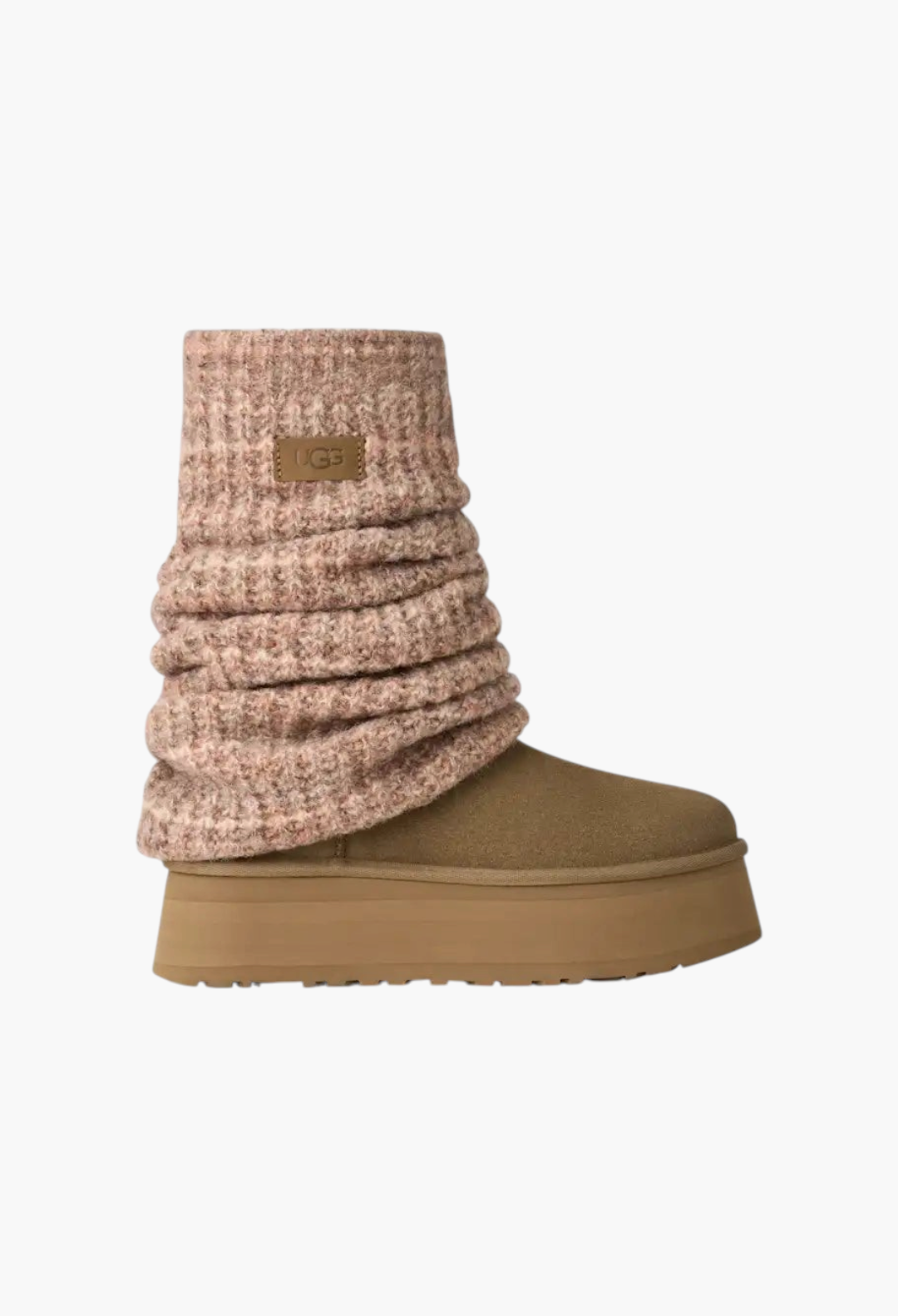 GLAM MODA women's Classic Mini Dipper platform boot with a removable pink knit leg warmer and brown suede base