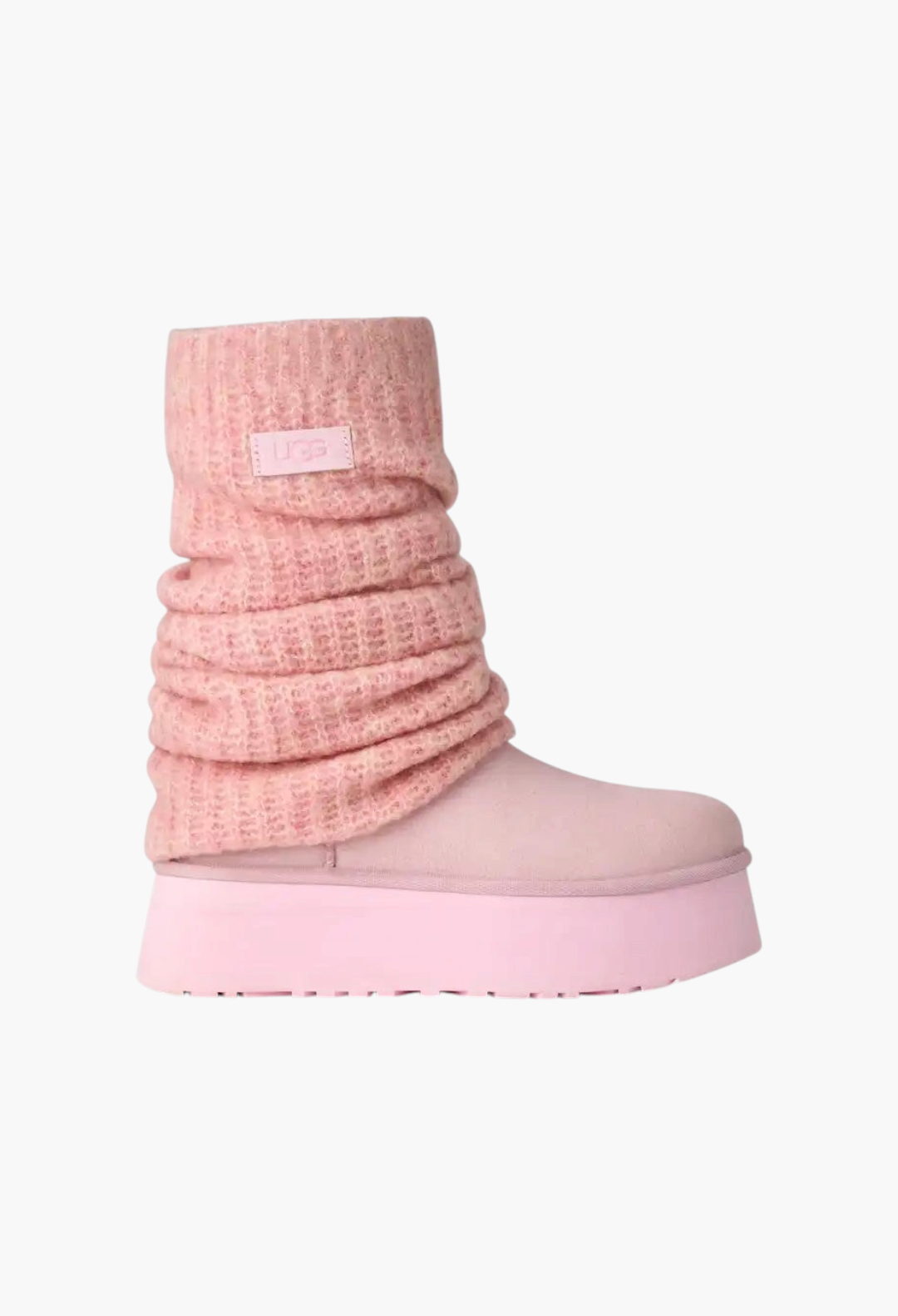 GLAM MODA pink suede platform boot with a removable knit legwarmer and embossed UGG logo on the shaft
