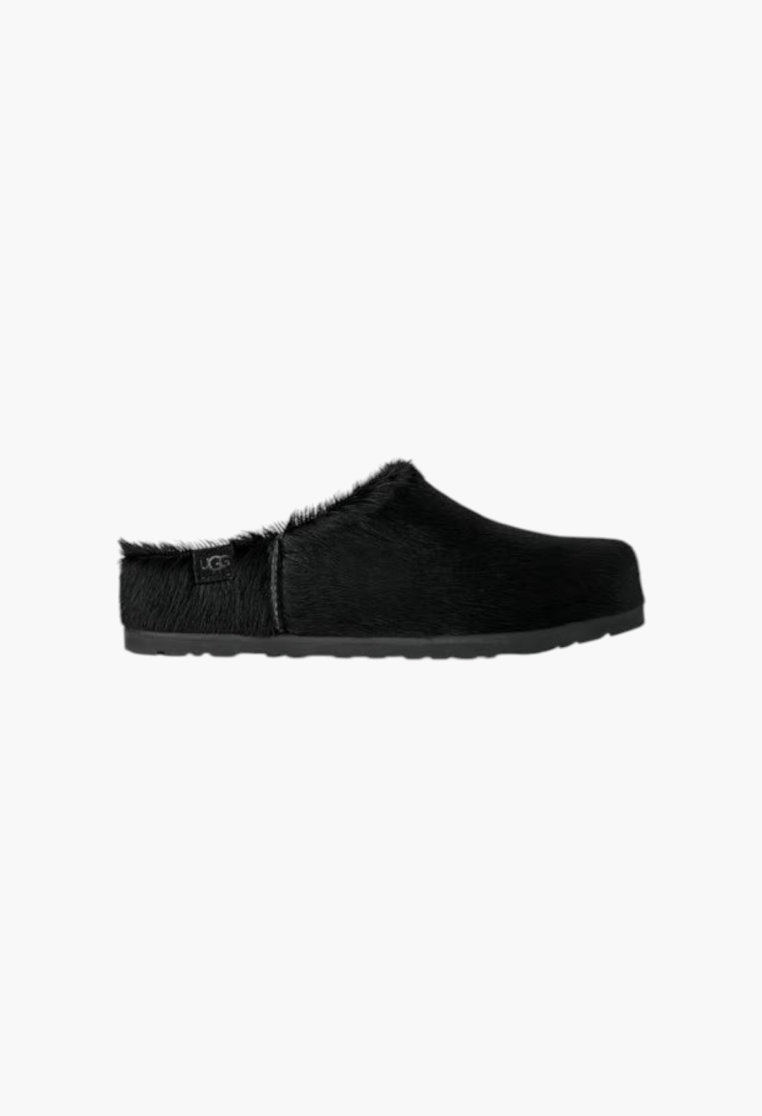 GLAM MODA Otzo black calf hair clog with a contoured EVA footbed and embossed UGG logo on the side