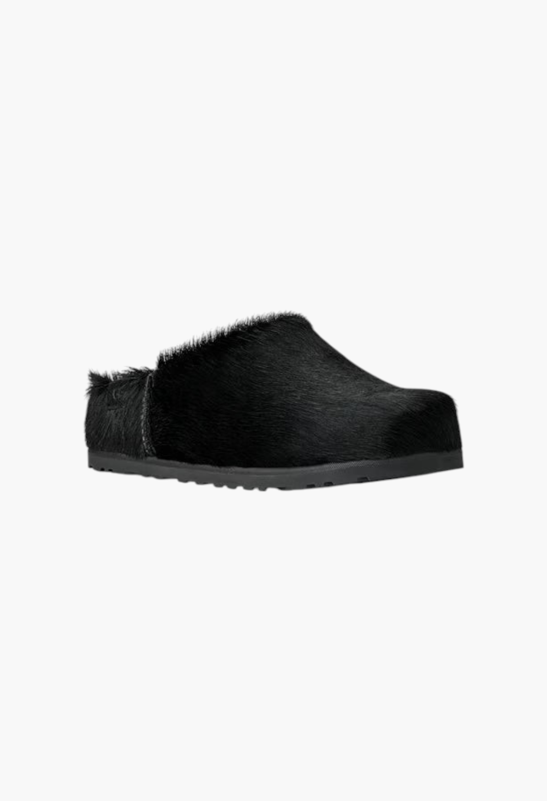 GLAM MODA Otzo black calf hair clog with a contoured EVA footbed and lightweight rubber outsole