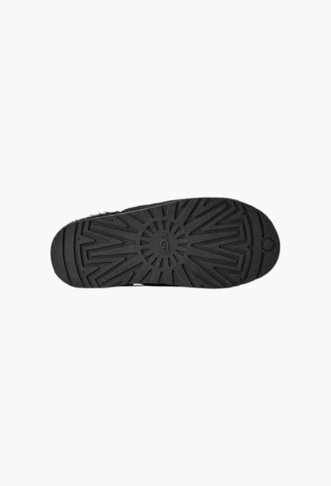 GLAM MODA Otzo calf hair clog showing the black textured rubber outsole with UGG logo branding.