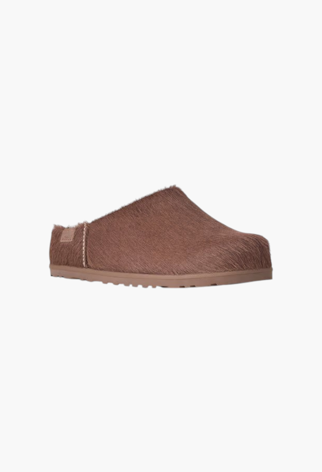 GLAM MODA Otzo brown calf hair clog with a contoured EVA footbed and lightweight rubber outsole, side view.