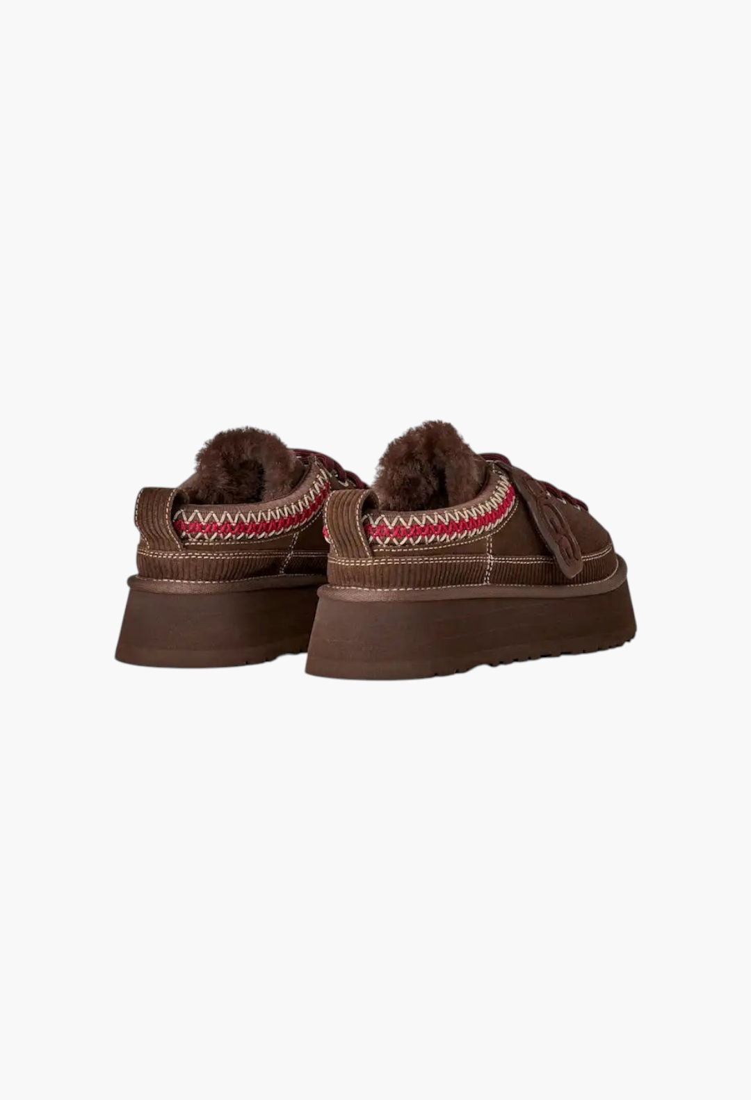 GLAM MODA brown suede lace-up platform slippers with sheepskin lining and decorative UGGbraid detail, rear view