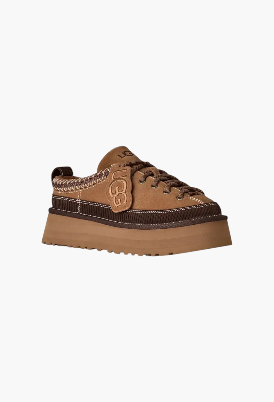 GLAM MODA women's heritage lace-up suede platform slipper in brown with sheepskin lining and UGG logo charm