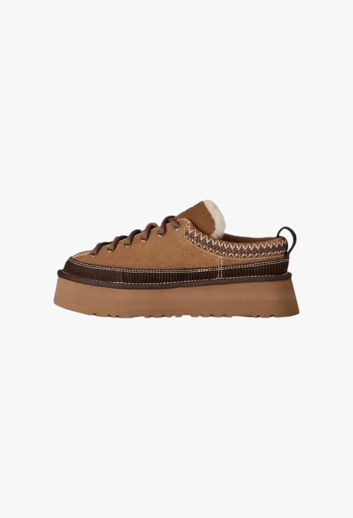 GLAM MODA brown suede lace-up platform slipper with sheepskin lining and decorative UGGbraid trim