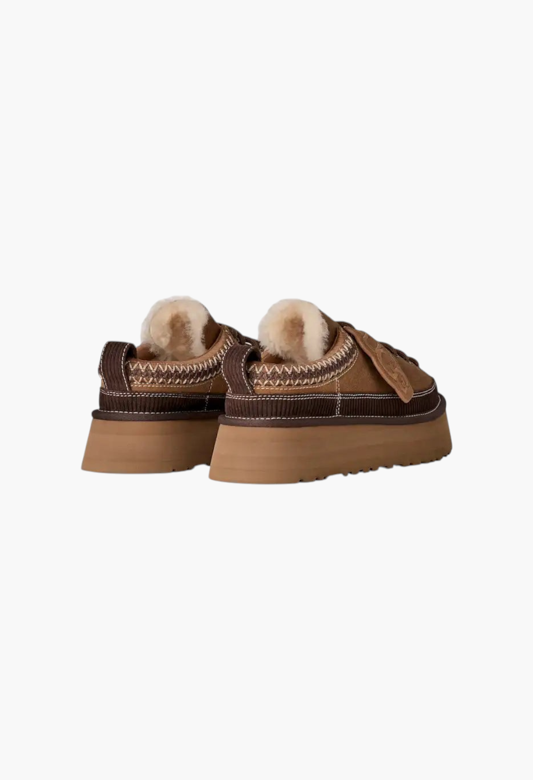 GLAM MODA brown suede lace-up platform slippers with sheepskin lining and decorative UGG charm, rear view.