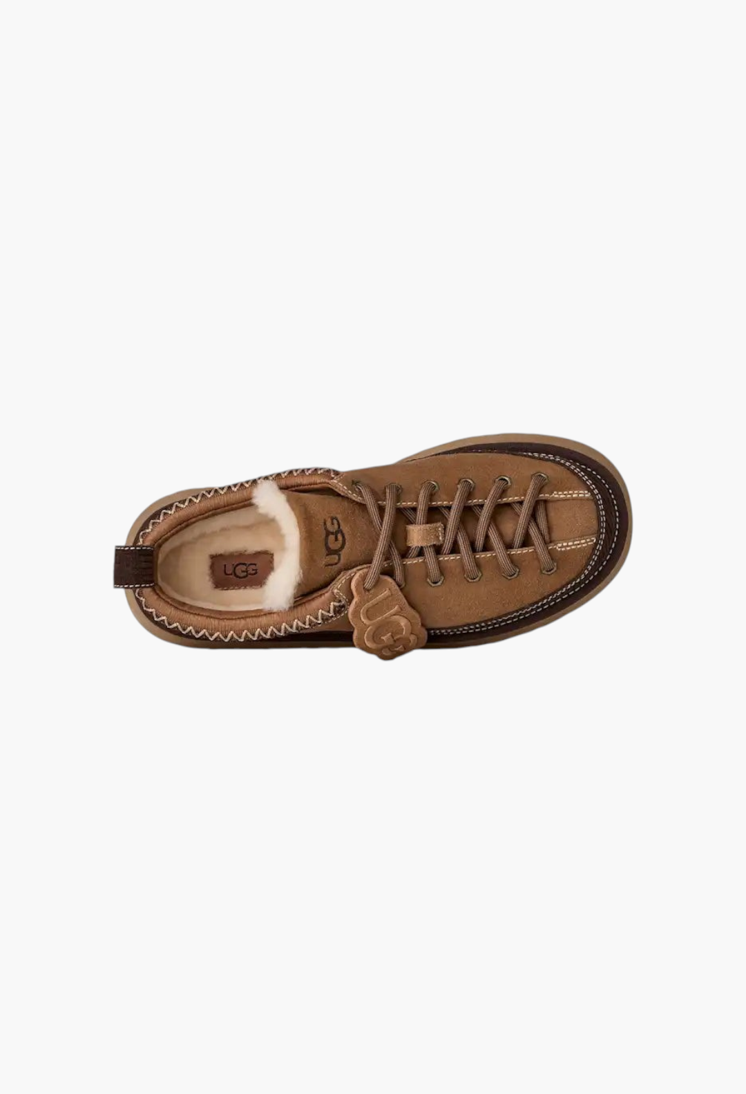 GLAM MODA women's brown suede lace-up slipper with sheepskin lining, platform sole, and removable UGG logo charm.