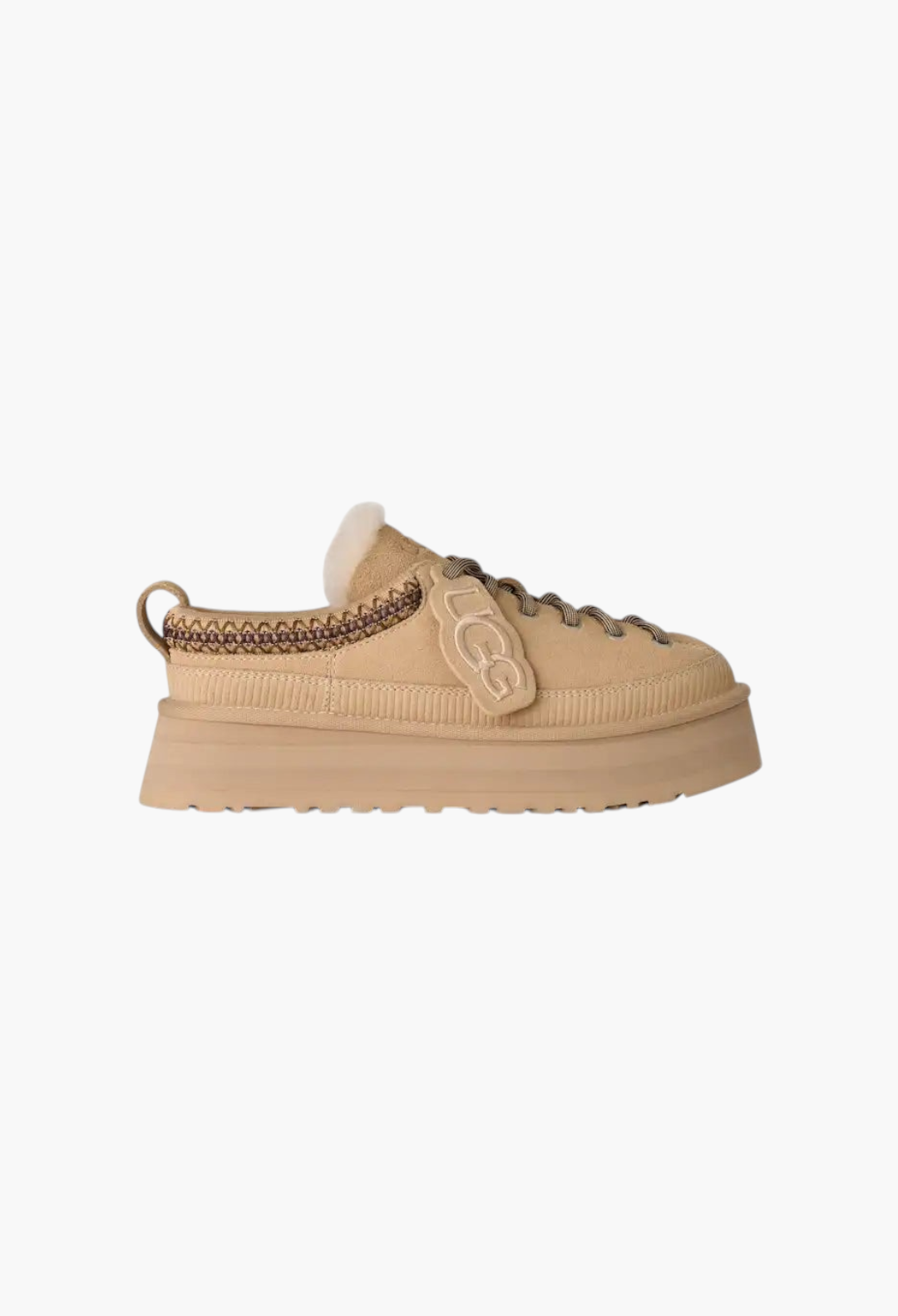 GLAM MODA beige suede lace-up platform slipper with sheepskin lining and removable UGG logo charm