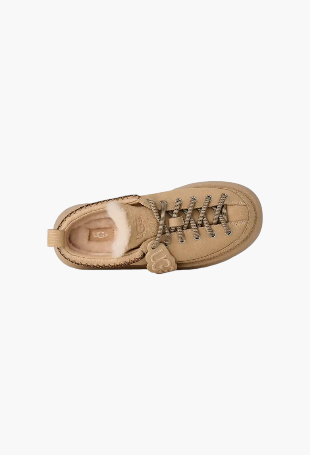 GLAM MODA Heritage lace-up slipper in tan suede with sheepskin lining, ticked laces, and a removable UGG logo charm.