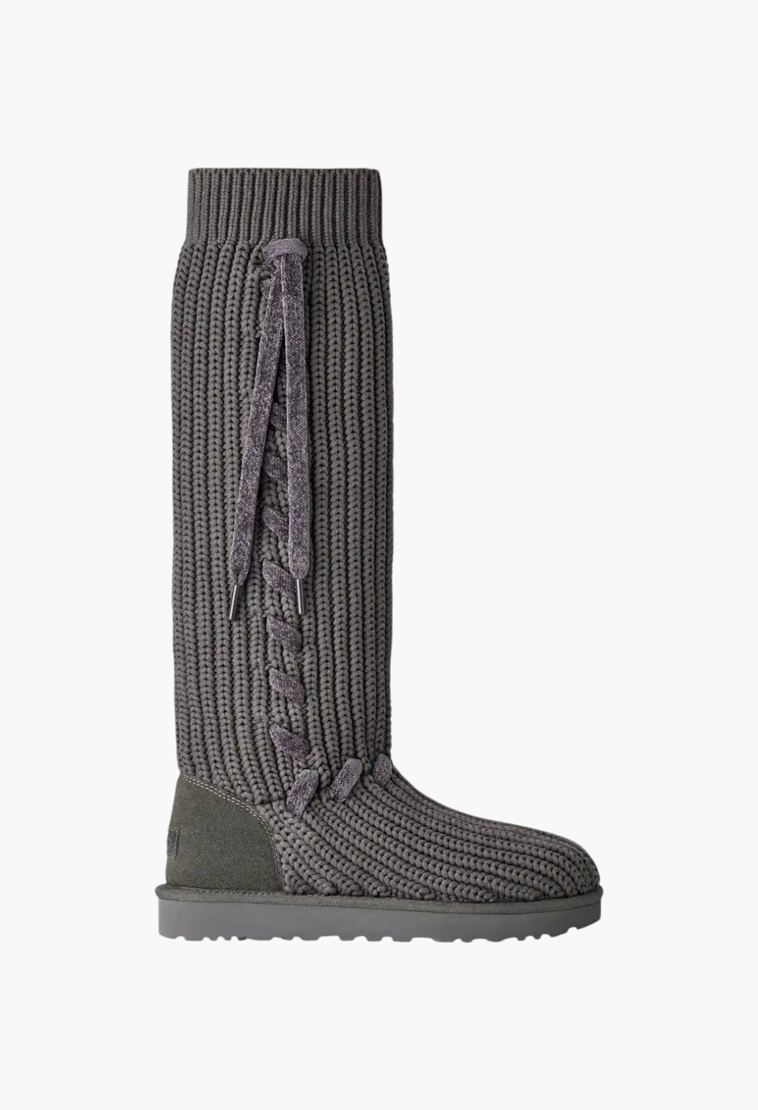 GLAM MODA grey tall knit boot with whipstitch detailing, decorative laces, and a suede heel counter.