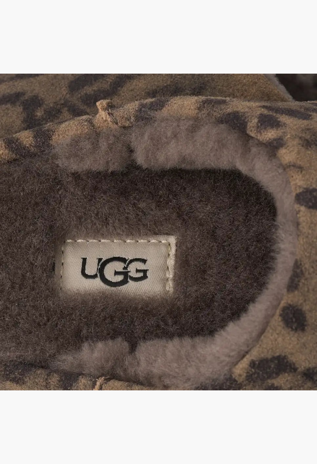 GLAM MODA UGG Elea slip-on slipper in distressed cheetah print suede with plush sheepskin lining and branded insole
