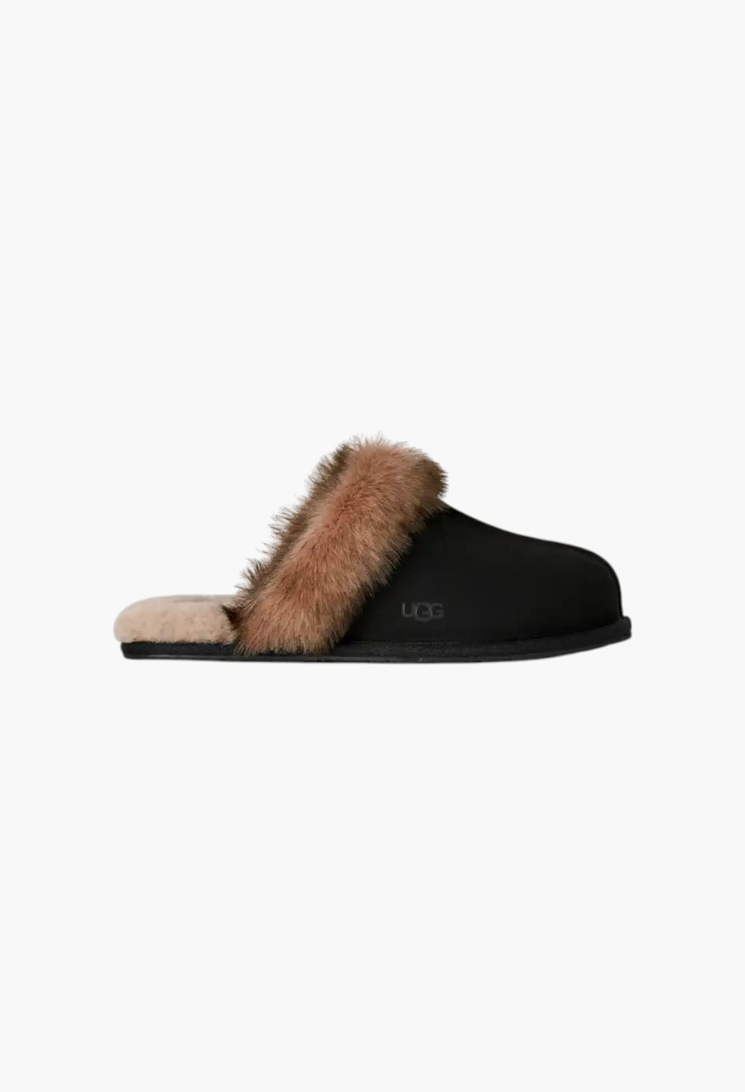 GLAM MODA black nubuck slipper with a fluffy brown sheepskin collar and soft wool lining for indoor-outdoor comfort.