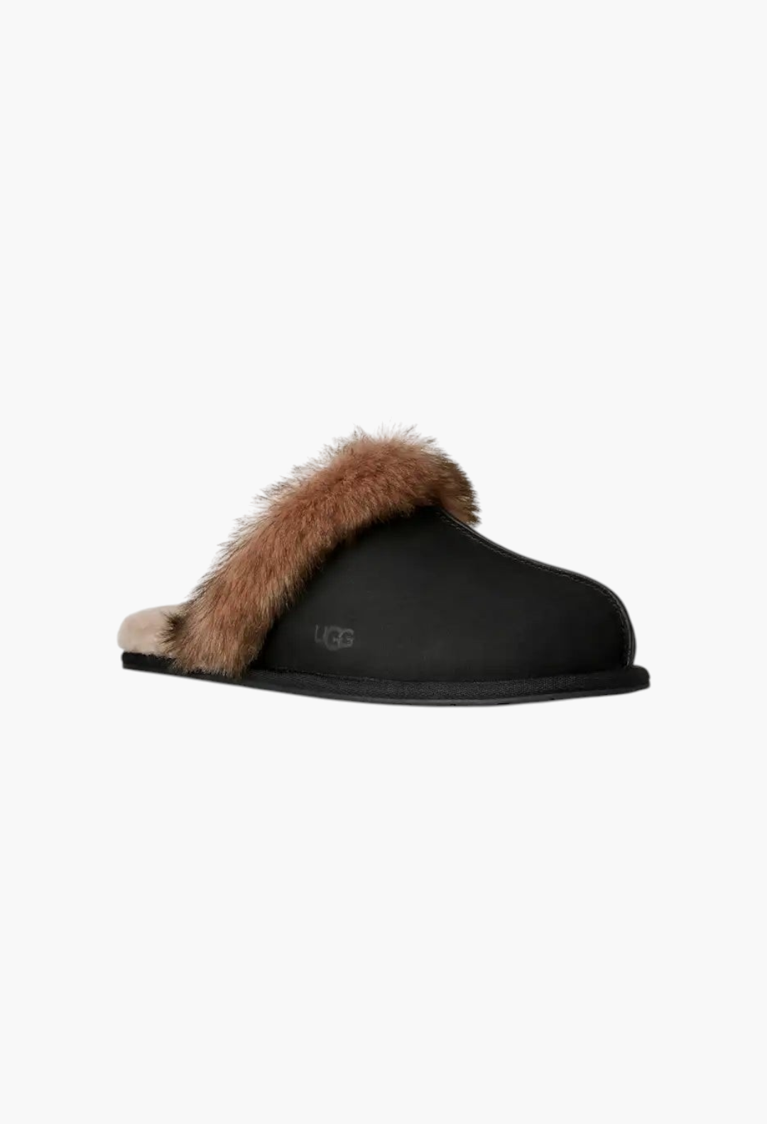 GLAM MODA black nubuck slipper with a fluffy brown sheepskin collar and soft wool lining for indoor-outdoor comfort.
