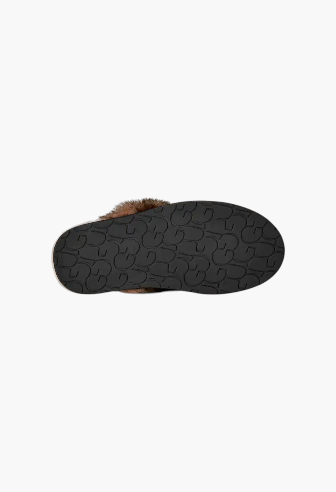 GLAM MODA Scuffette Nubuck slipper showing the black molded rubber outsole with UGG logo pattern and sheepskin trim