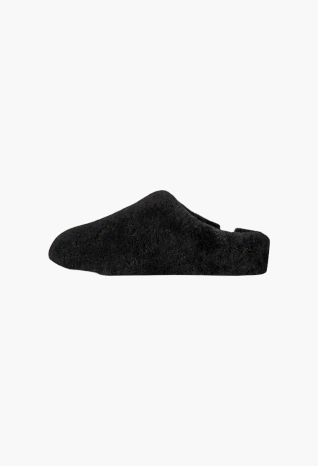 GLAM MODA Elea fluffed slip-on slipper in black sheepskin with a minimalist silhouette and molded rubber outsole.