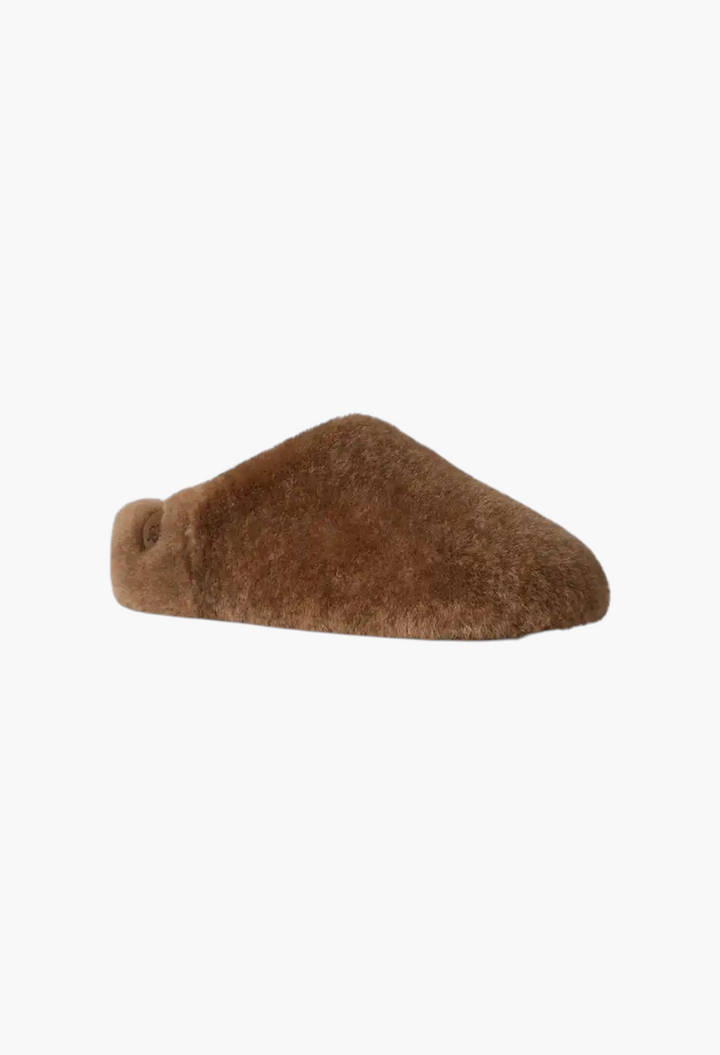 GLAM MODA brown sheepskin Elea fluffed slip-on slipper with a minimalist design and rubber outsole