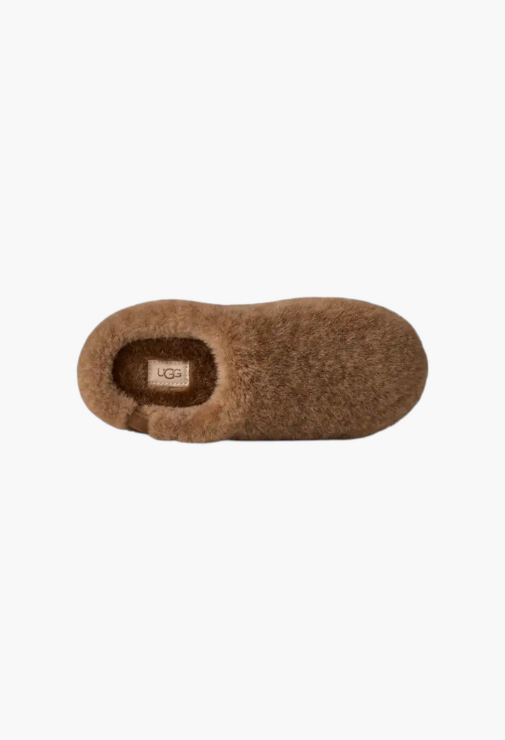 GLAM MODA brown sheepskin Elea fluffed slip-on slipper with a plush texture and UGG logo label on the insole
