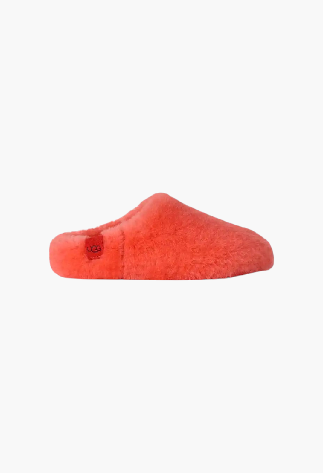 GLAM MODA Elea Fluffed slip-on slipper in bright coral sheepskin with a minimalist silhouette and side logo tag.