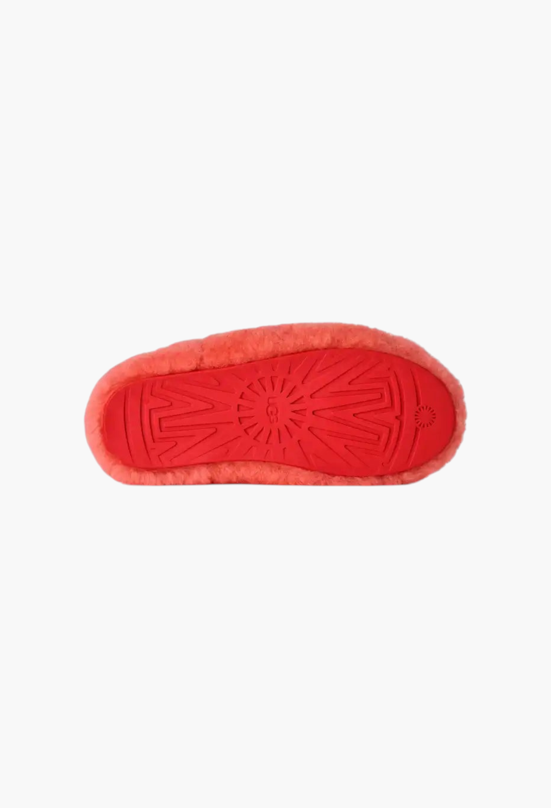 GLAM MODA Elea Fluffed Slip-On slipper showing the red molded rubber outsole with UGG logo tread pattern